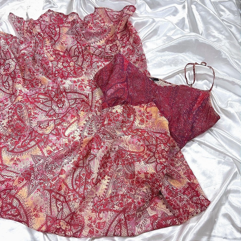 y2k Mexx Paisley Maxi Dress Red Boho Spaghetti Strap Chiffon L 10/40